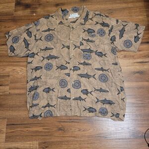 Columbia Mens Shirt XL Brown Pattern Fish All Over   Hawaiian 100%‎ RAYON
